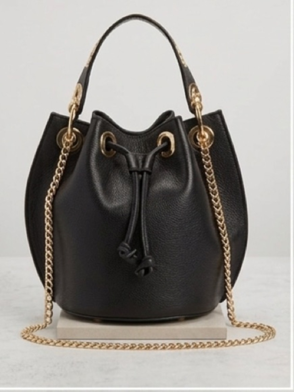 House of Harlow 1960 Black Leather Bucket Bag with Gold Hardware